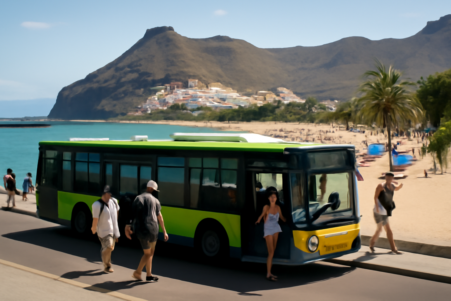 Strand von Teneriffa mit Menschen und öffentlichen Verkehrsmitteln.