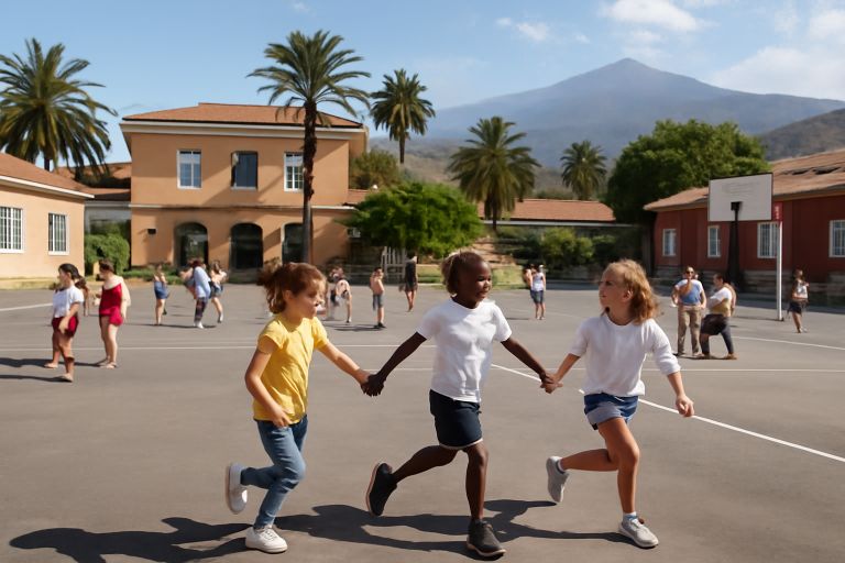Kinder spielen im Freien auf Teneriffa, Schulumgebung.