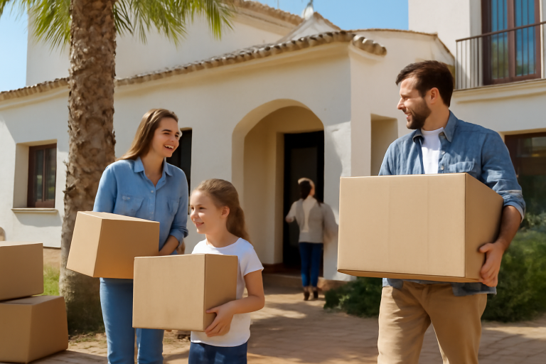 Familie zieht in ihr neues Zuhause in Spanien mit Umzugskartons.