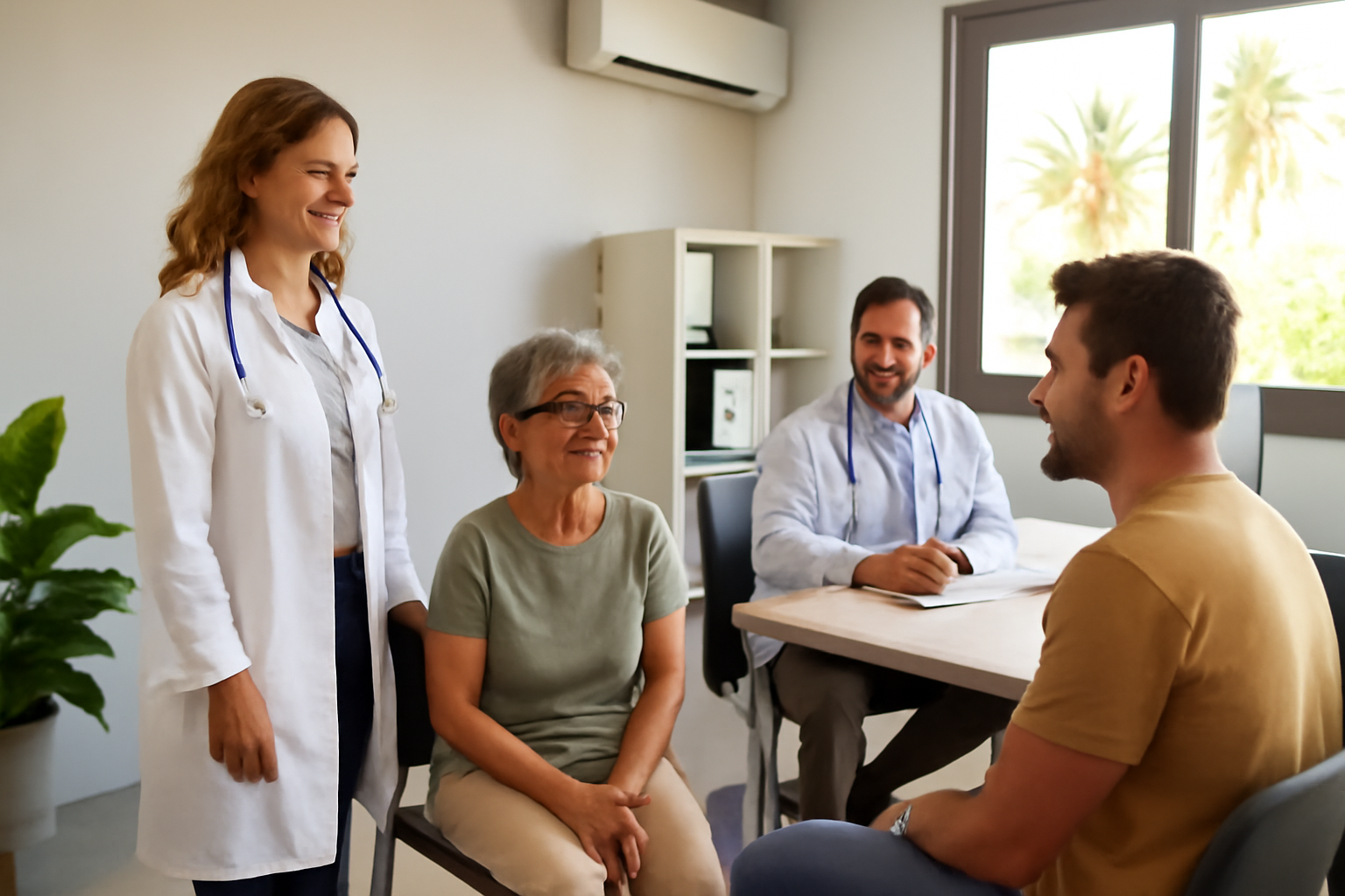 Moderne Arztpraxis auf Teneriffa mit Ärzten und Patienten.