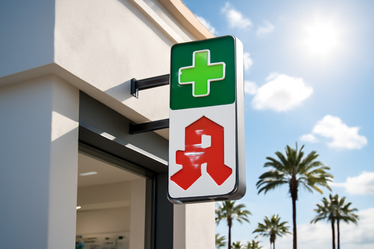 Moderne Apotheke auf Teneriffa mit sonnigem Himmel.