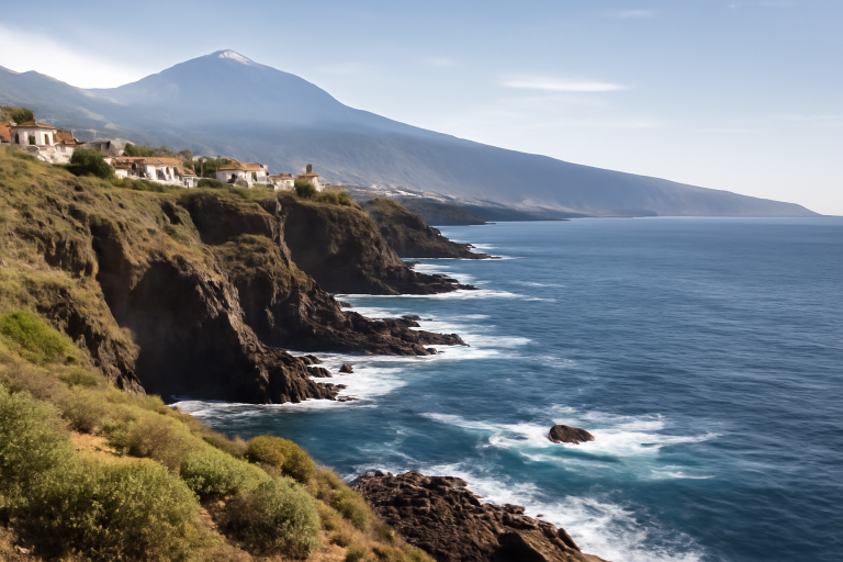 Küstenlandschaft von Teneriffa mit Teide im Hintergrund.